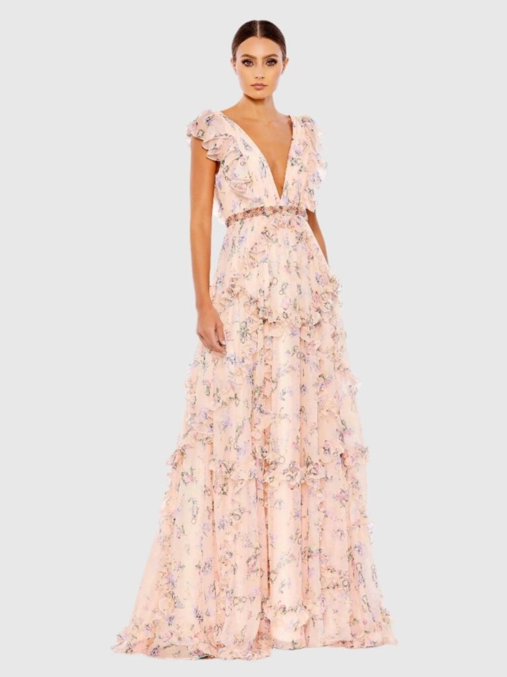 Mac Duggal Size 0 Pink 68090 Floral Chiffon Ruffle Cap Sleeve Maxi Dress Gown